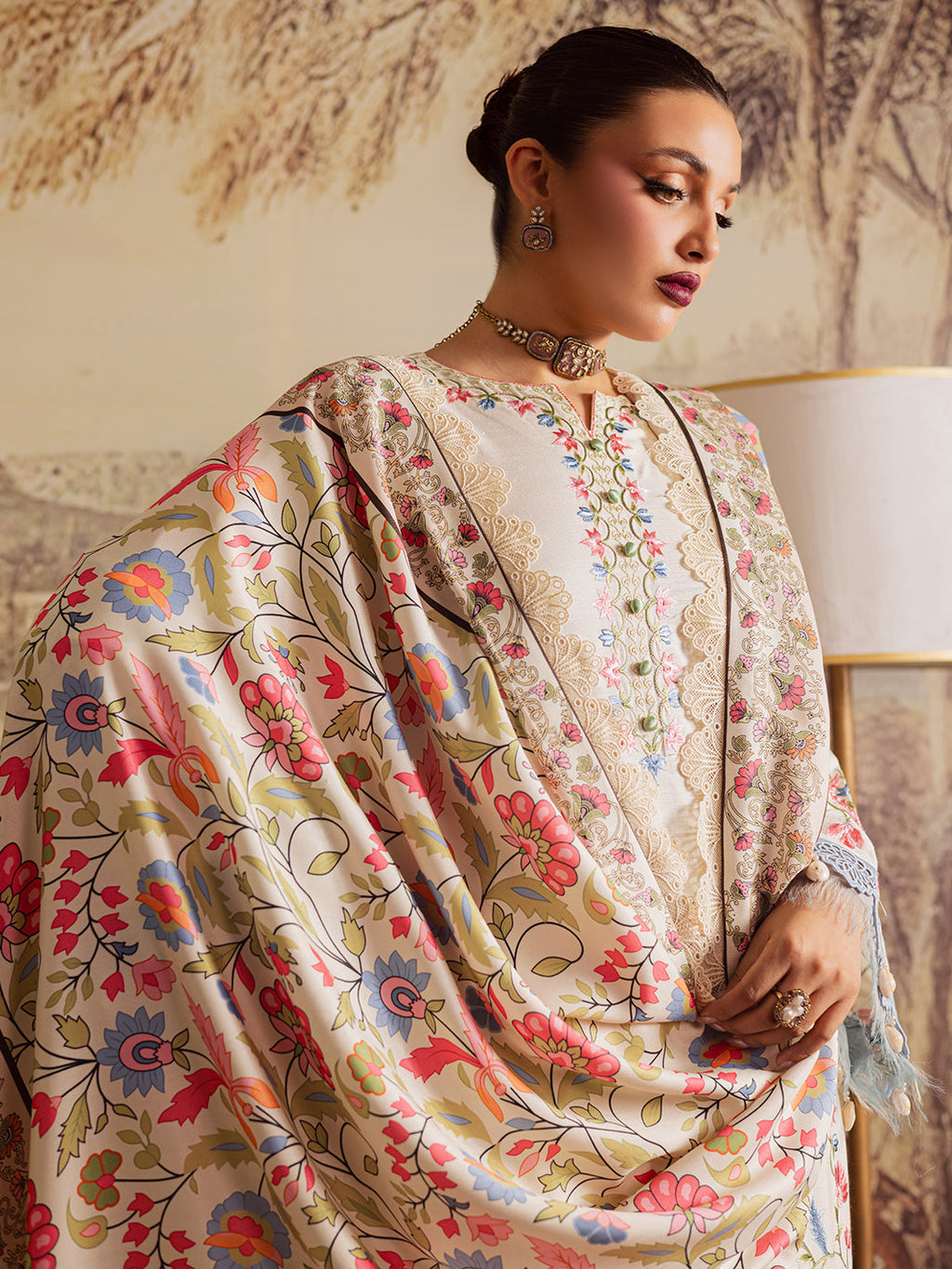 MAHNUR-3PC DHANAK EMBROIDERED SHIRT WITH COURTRAI PRINTED SHAWL & TROUSER-WM-4329