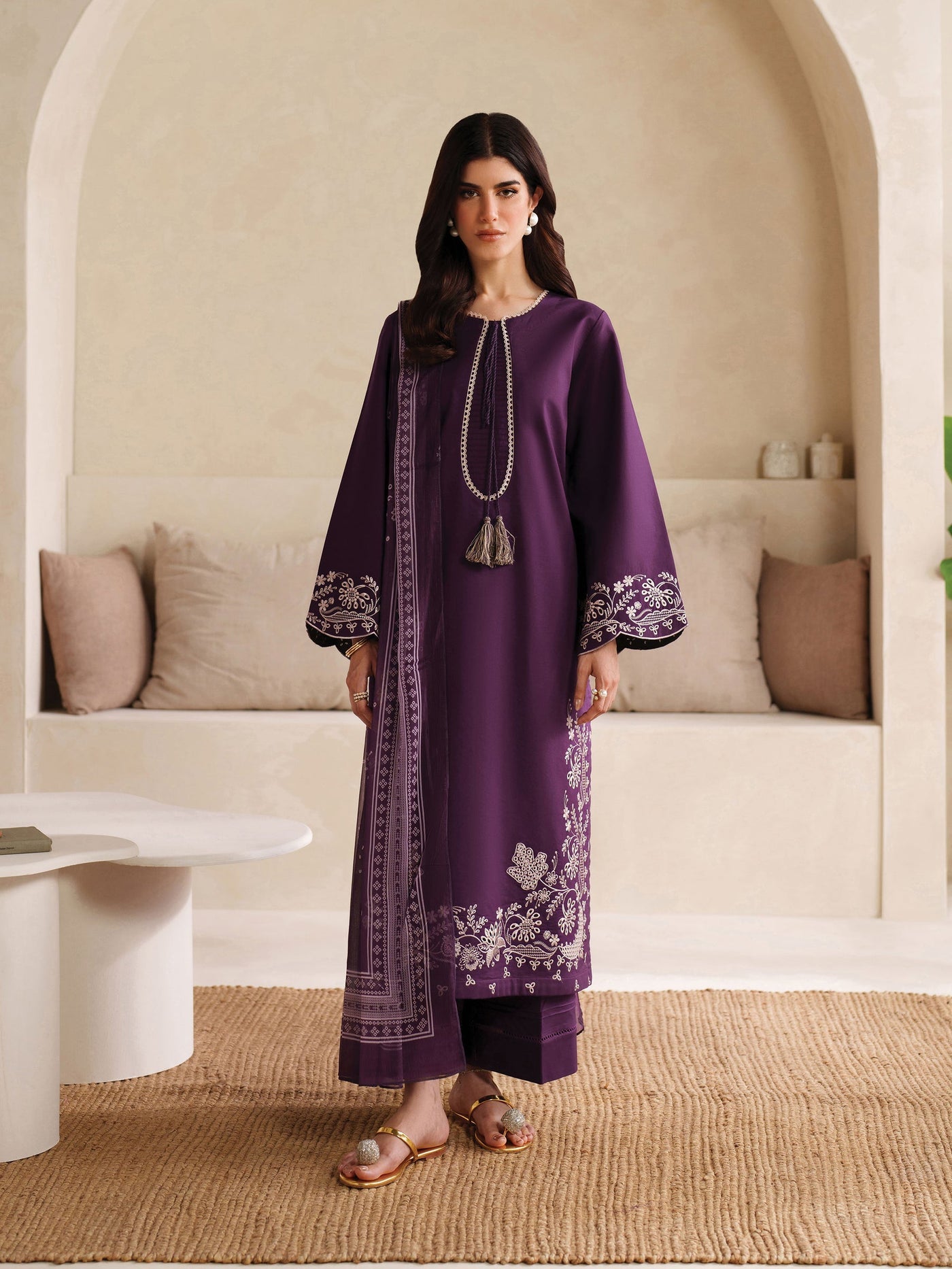 GARNET-3PC DHANAK EMBROIDERED SHIRT WITH COURTRAI PRINTED SHAWL AND TROUSER-WM-4305