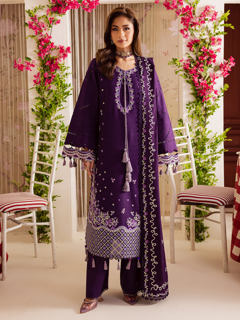 MAHNUR-3PC DHANAK EMBROIDERED SHIRT WITH DHANAK EMBROIDERED SHAWL & TROUSER-WM-4328
