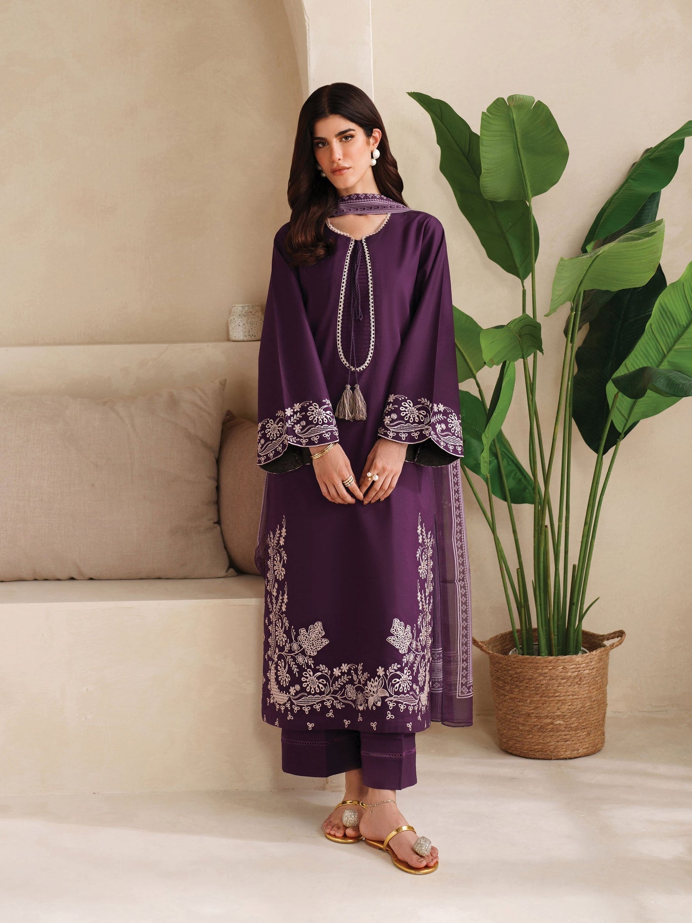 GARNET-3PC DHANAK EMBROIDERED SHIRT WITH COURTRAI PRINTED SHAWL AND TROUSER-WM-4305