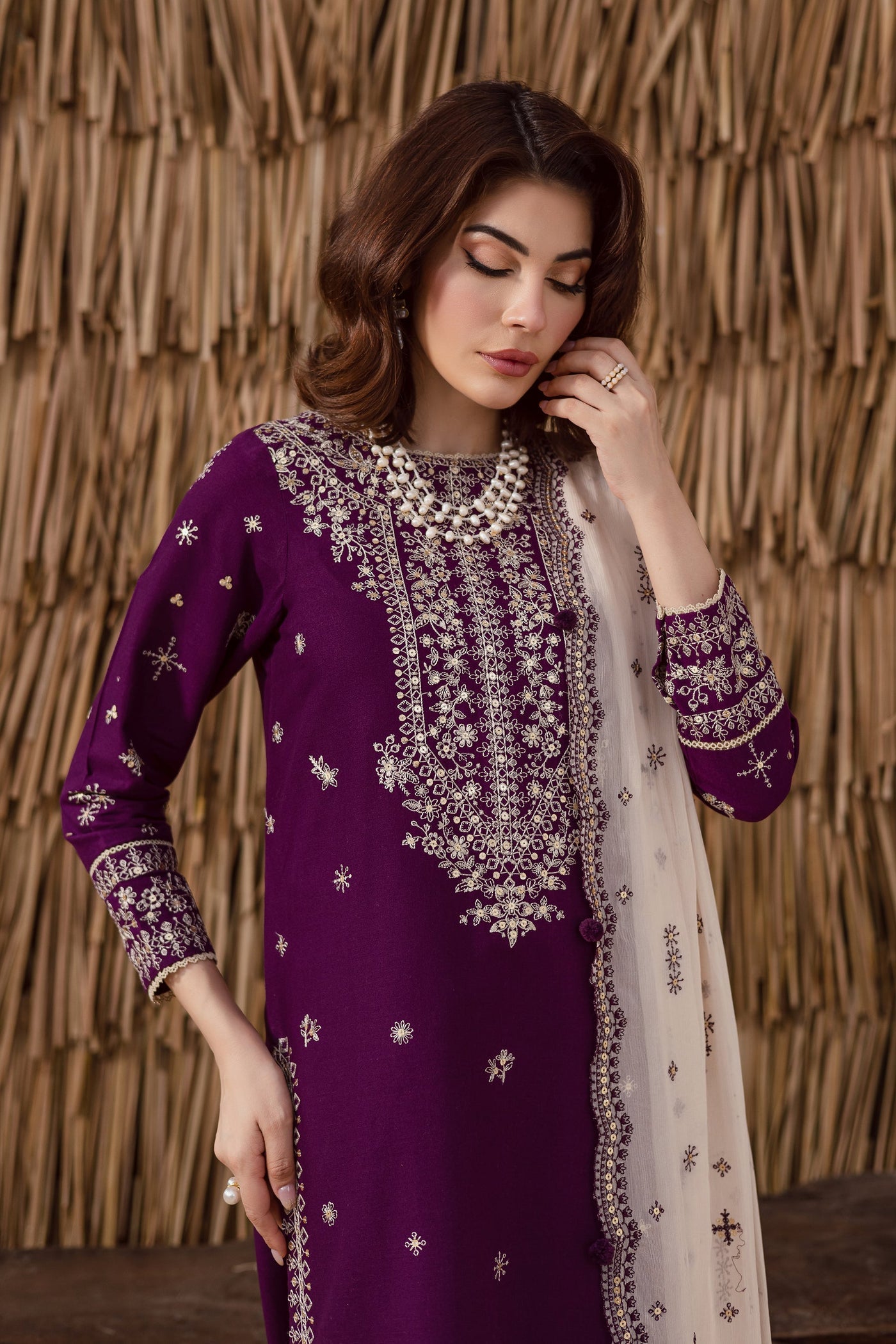 BATIK-3PC DHANAK EMBROIDERED SHIRT WITH DHANAK EMBROIDERED SHAWL AND TROUSER-WM-4338
