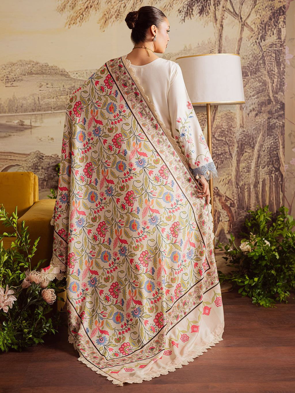 MAHNUR-3PC DHANAK EMBROIDERED SHIRT WITH COURTRAI PRINTED SHAWL & TROUSER-WM-4329