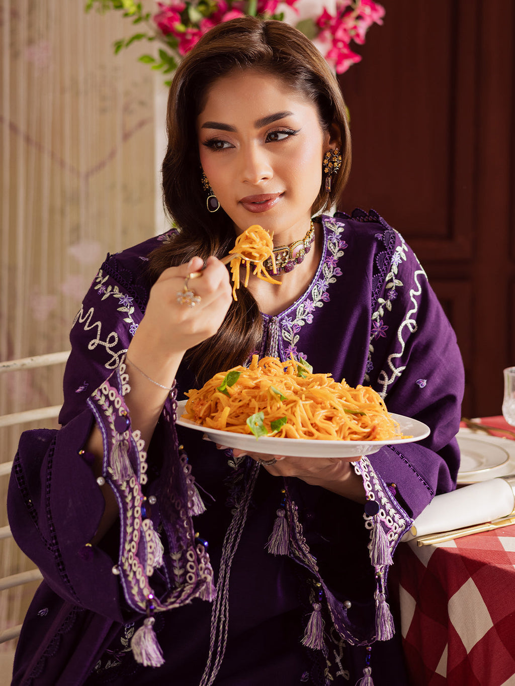 MAHNUR-3PC DHANAK EMBROIDERED SHIRT WITH DHANAK EMBROIDERED SHAWL & TROUSER-WM-4328