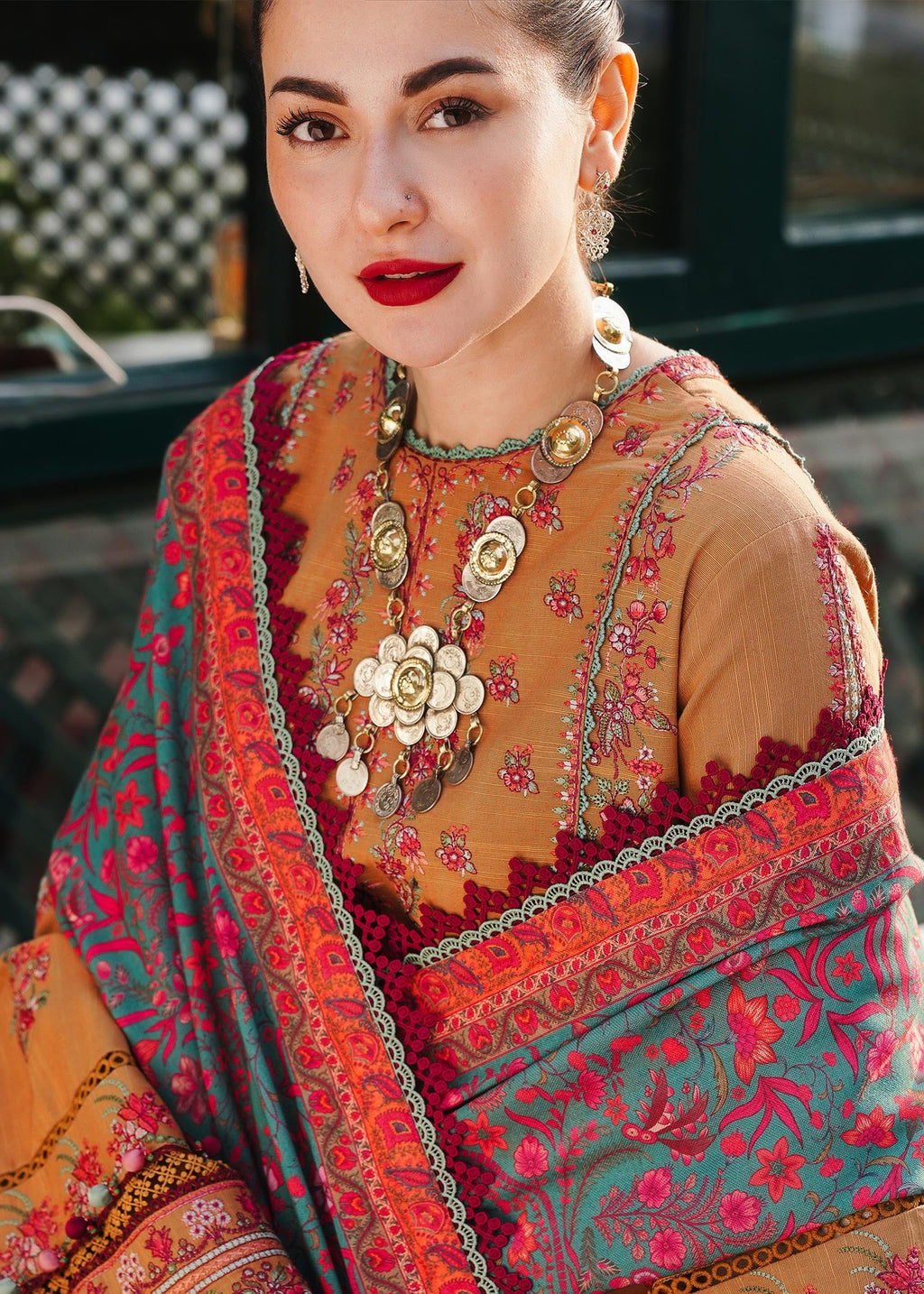 HUSSAIN REHAR LUXURY UNSTITCHED DHANAK EMBROIDERED 3PC WITH PRINTED SHAWL
