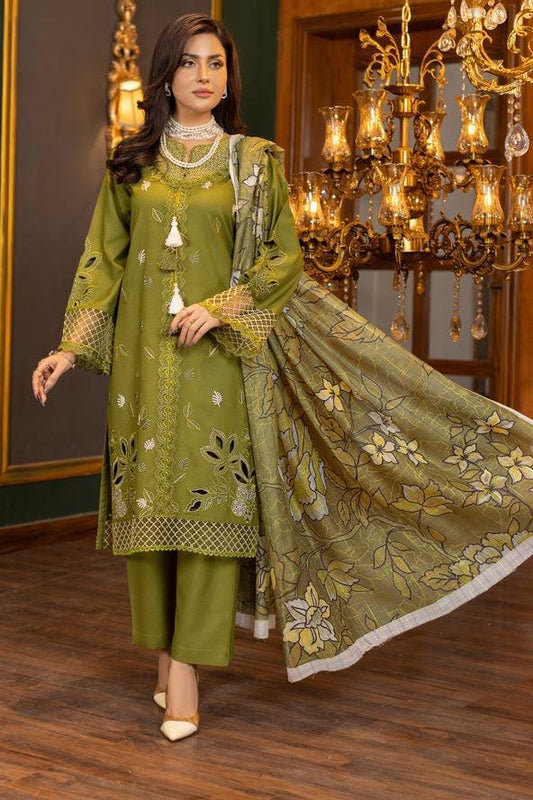 SHE-EDGE UNSTITCHED PREMIUM DHANAK EMBROIDERED 3PC WITH SOFT PASHMINA WOOL SHAWL