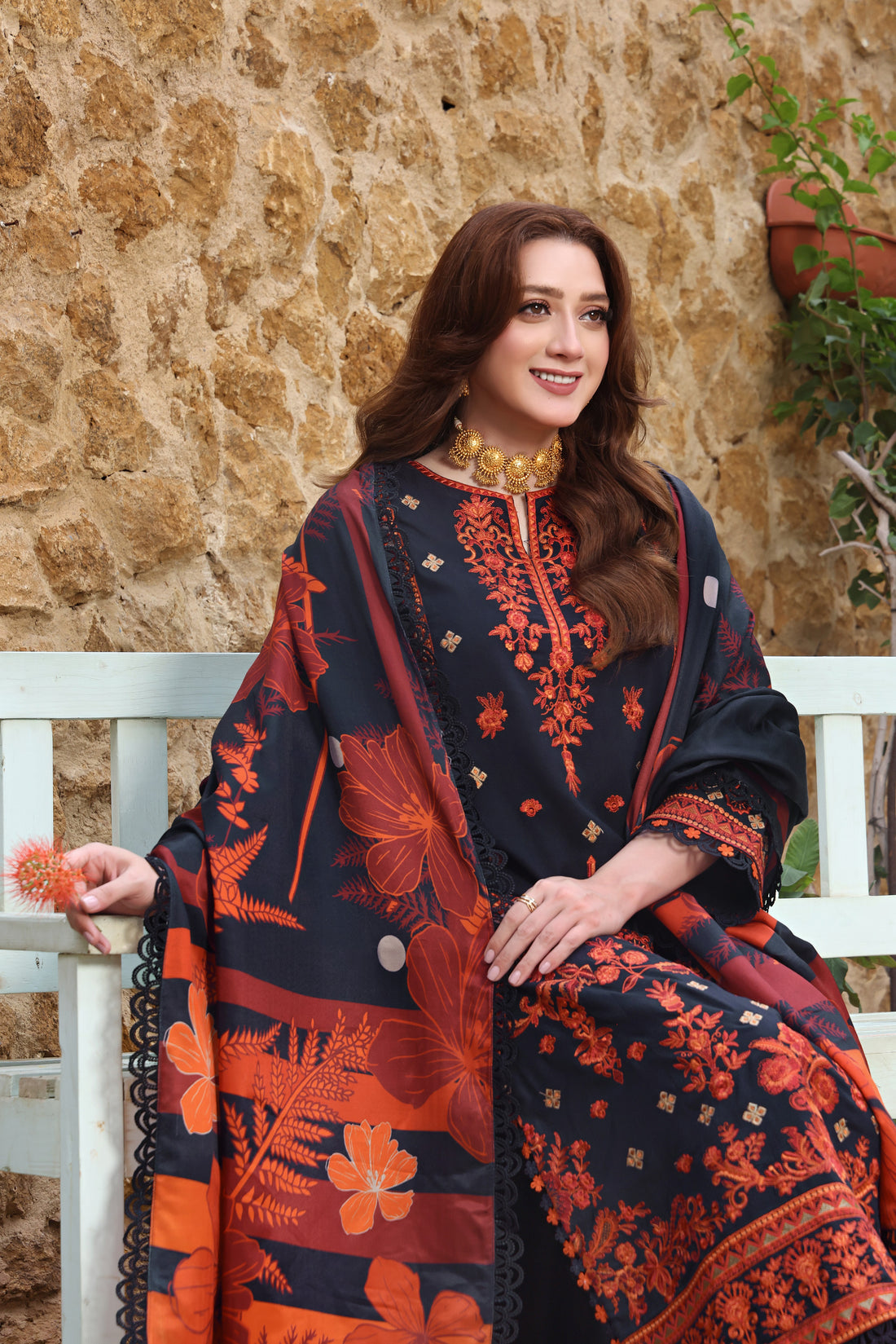 ASIM JOFA-3PC DHANAK EMBROIDERED SHIRT WITH COURTRAI PRINTED SHAWL & TROUSER-WM-4316
