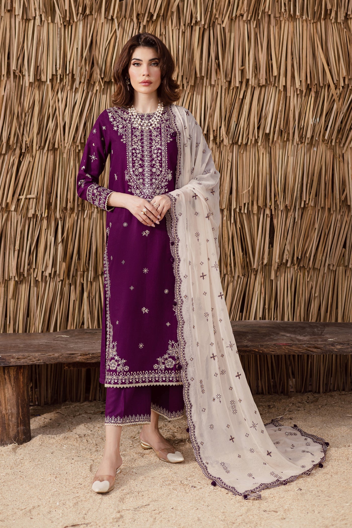 BATIK-3PC DHANAK EMBROIDERED SHIRT WITH DHANAK EMBROIDERED SHAWL AND TROUSER-WM-4338