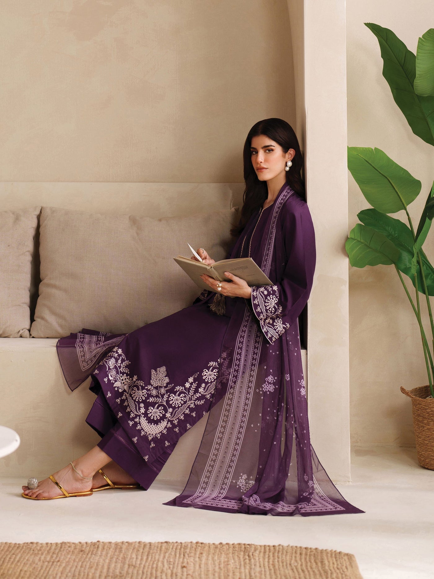GARNET-3PC DHANAK EMBROIDERED SHIRT WITH COURTRAI PRINTED SHAWL AND TROUSER-WM-4305