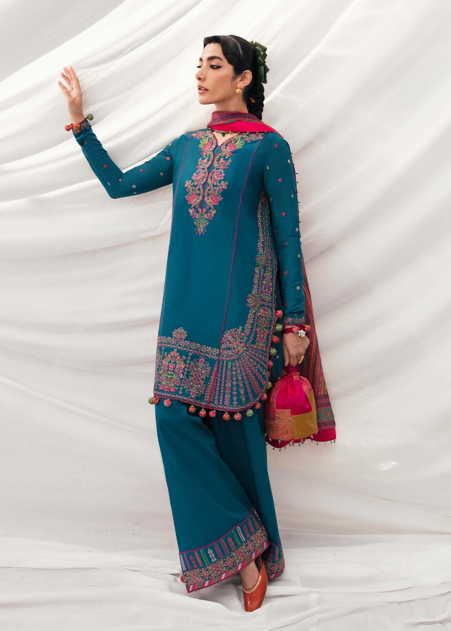 HUSSAIN REHAR LUXURY UNSTITCHED DHANAK EMBROIDERED 3PC WITH PRINTED SHAWL