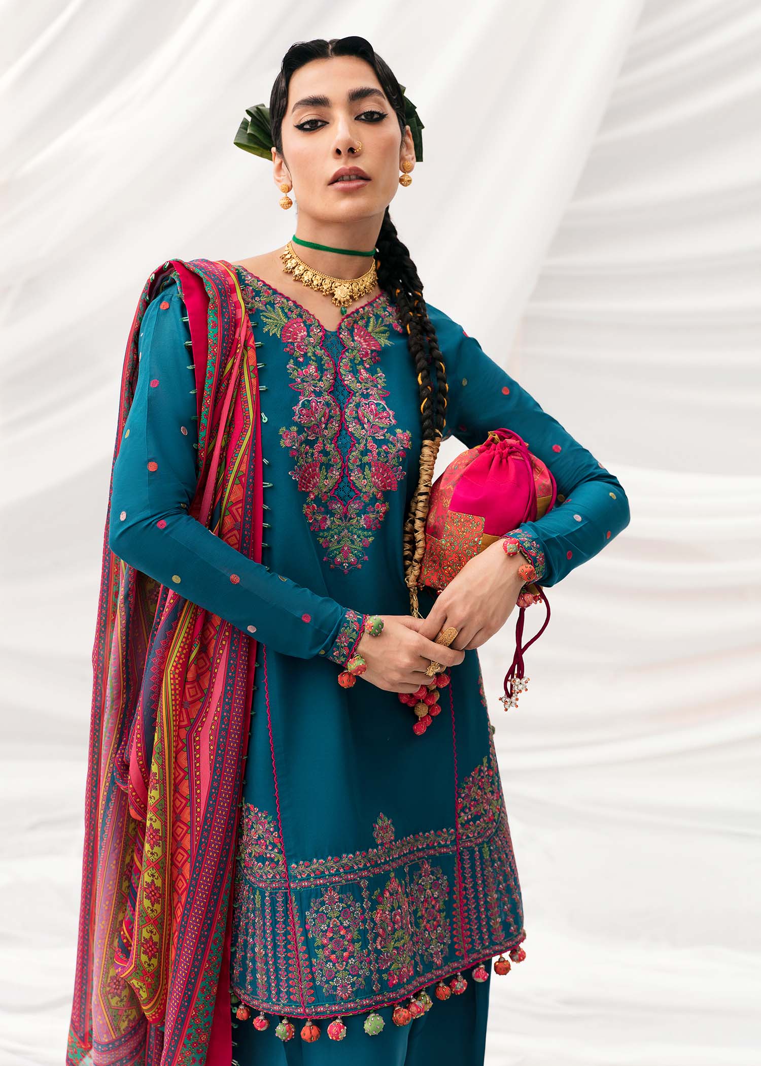 HUSSAIN REHAR LUXURY UNSTITCHED DHANAK EMBROIDERED 3PC WITH PRINTED SHAWL