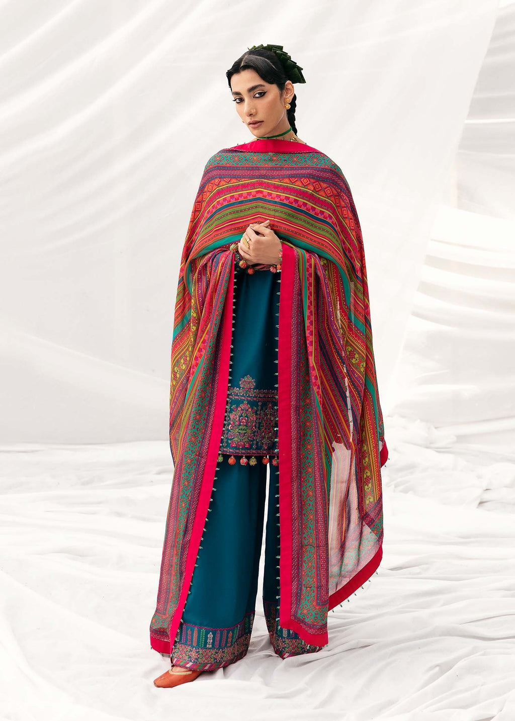 HUSSAIN REHAR LUXURY UNSTITCHED DHANAK EMBROIDERED 3PC WITH PRINTED SHAWL