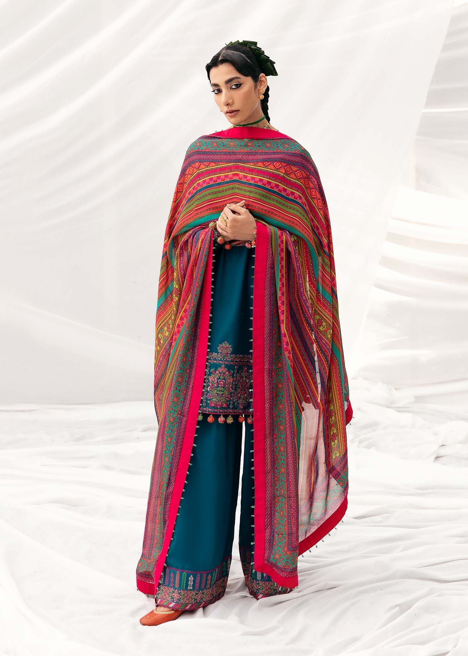 HUSSAIN REHAR LUXURY UNSTITCHED DHANAK EMBROIDERED 3PC WITH PRINTED SHAWL