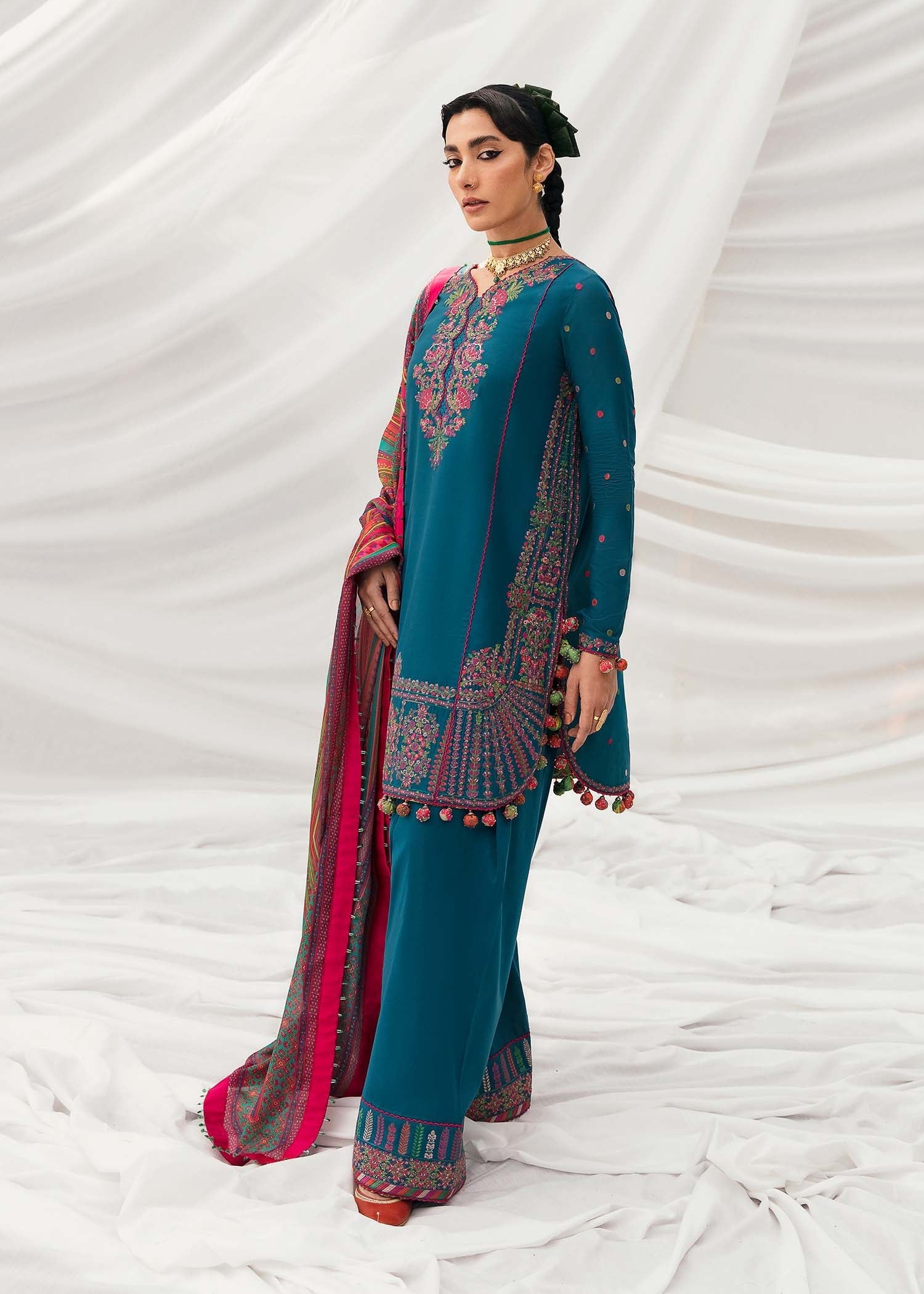 HUSSAIN REHAR LUXURY UNSTITCHED DHANAK EMBROIDERED 3PC WITH PRINTED SHAWL