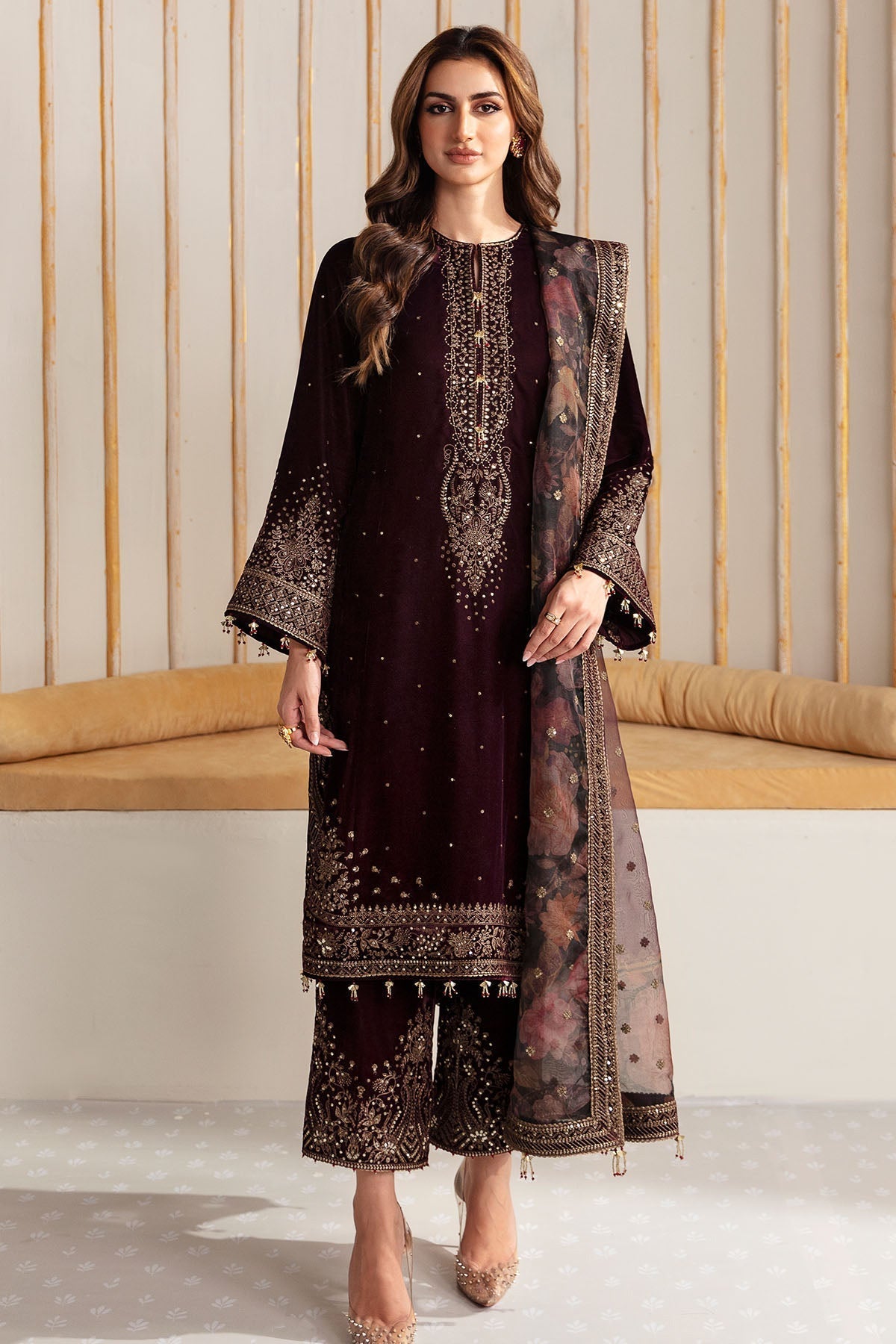 Jazmin 3PC Embroidered Velvet Suit with Embroidered Organza Dupatta (WM-199)
