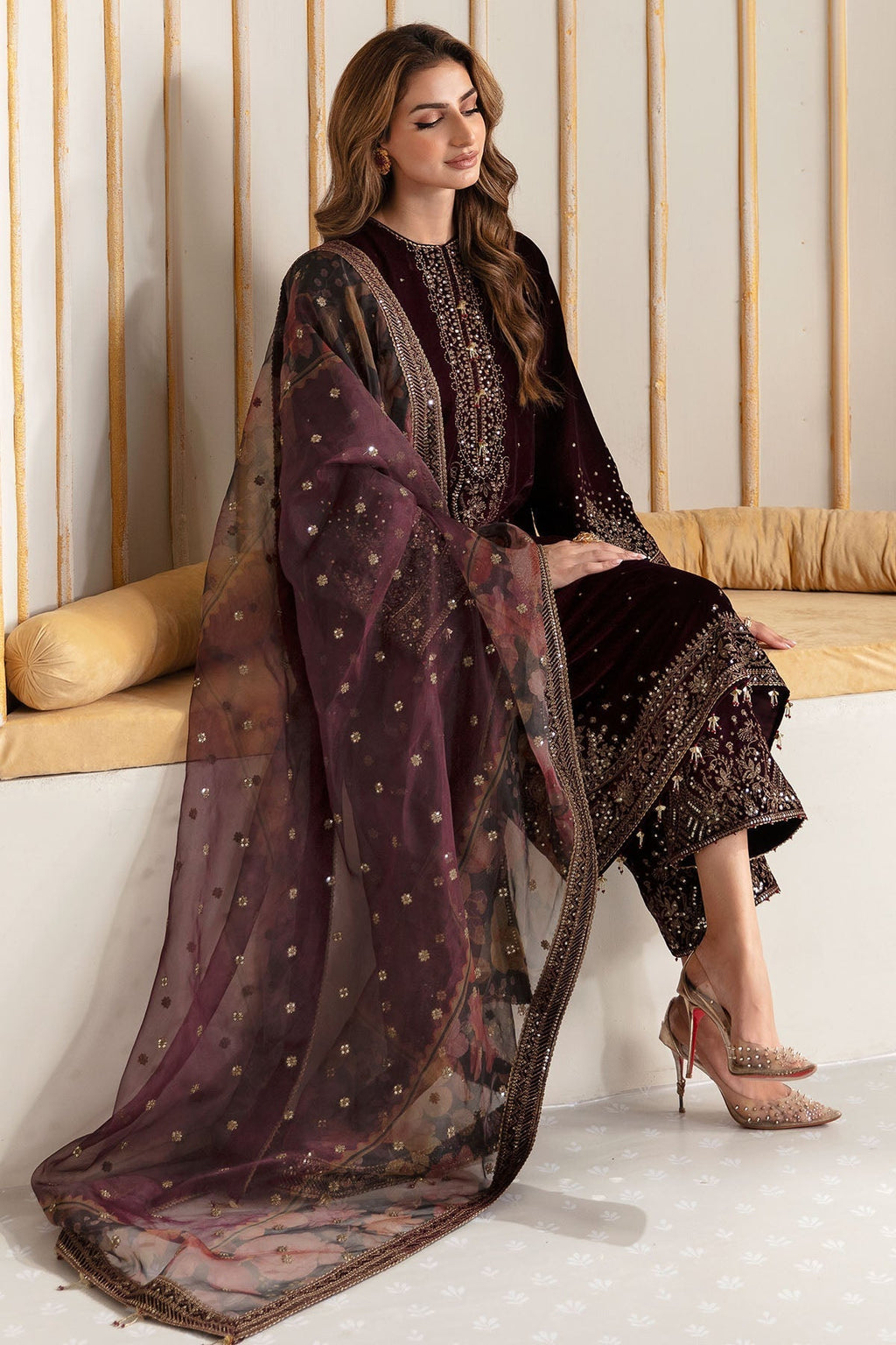 Jazmin 3PC Embroidered Velvet Suit with Embroidered Organza Dupatta (WM-199)