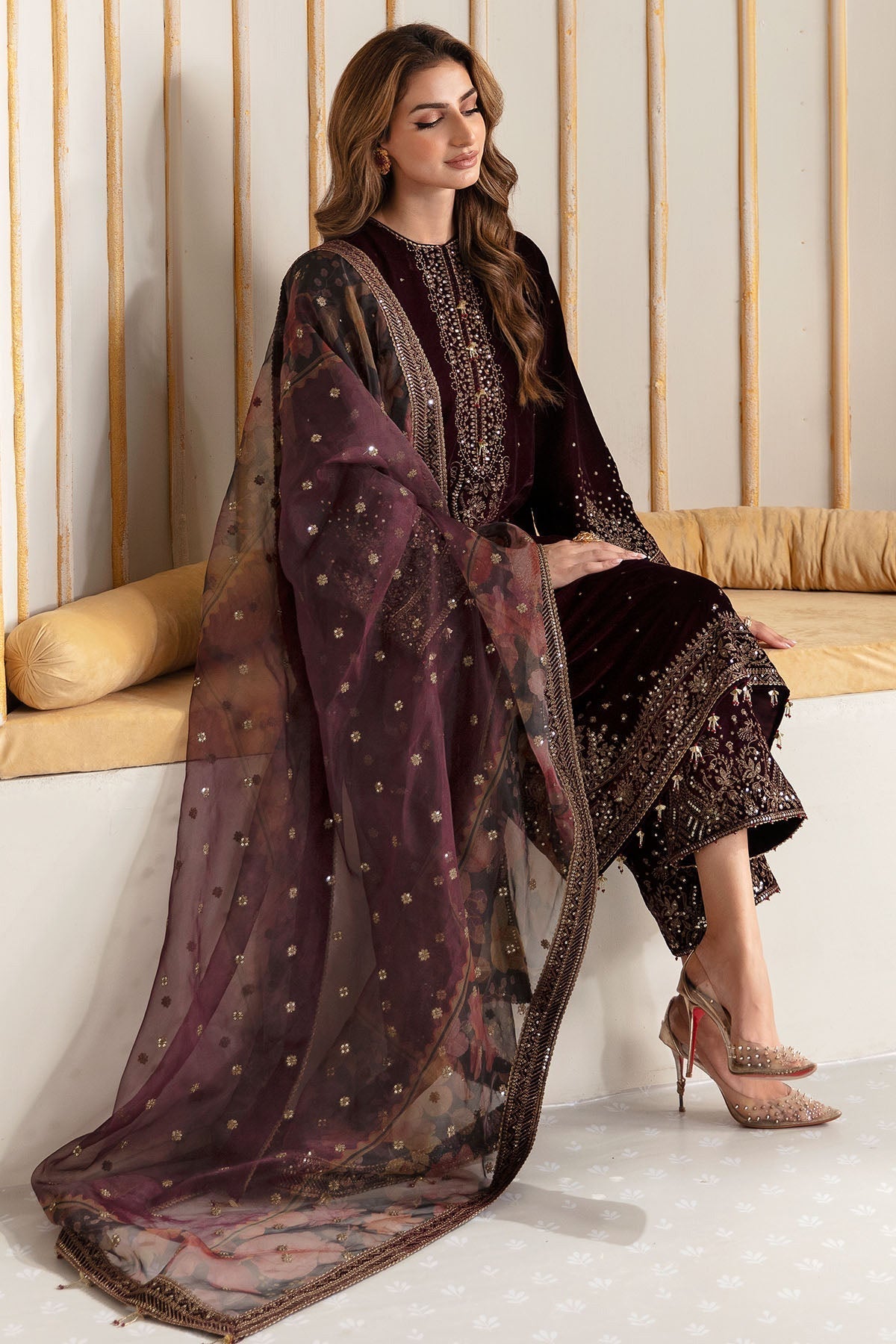 Jazmin 3PC Embroidered Velvet Suit with Embroidered Organza Dupatta (WM-199)