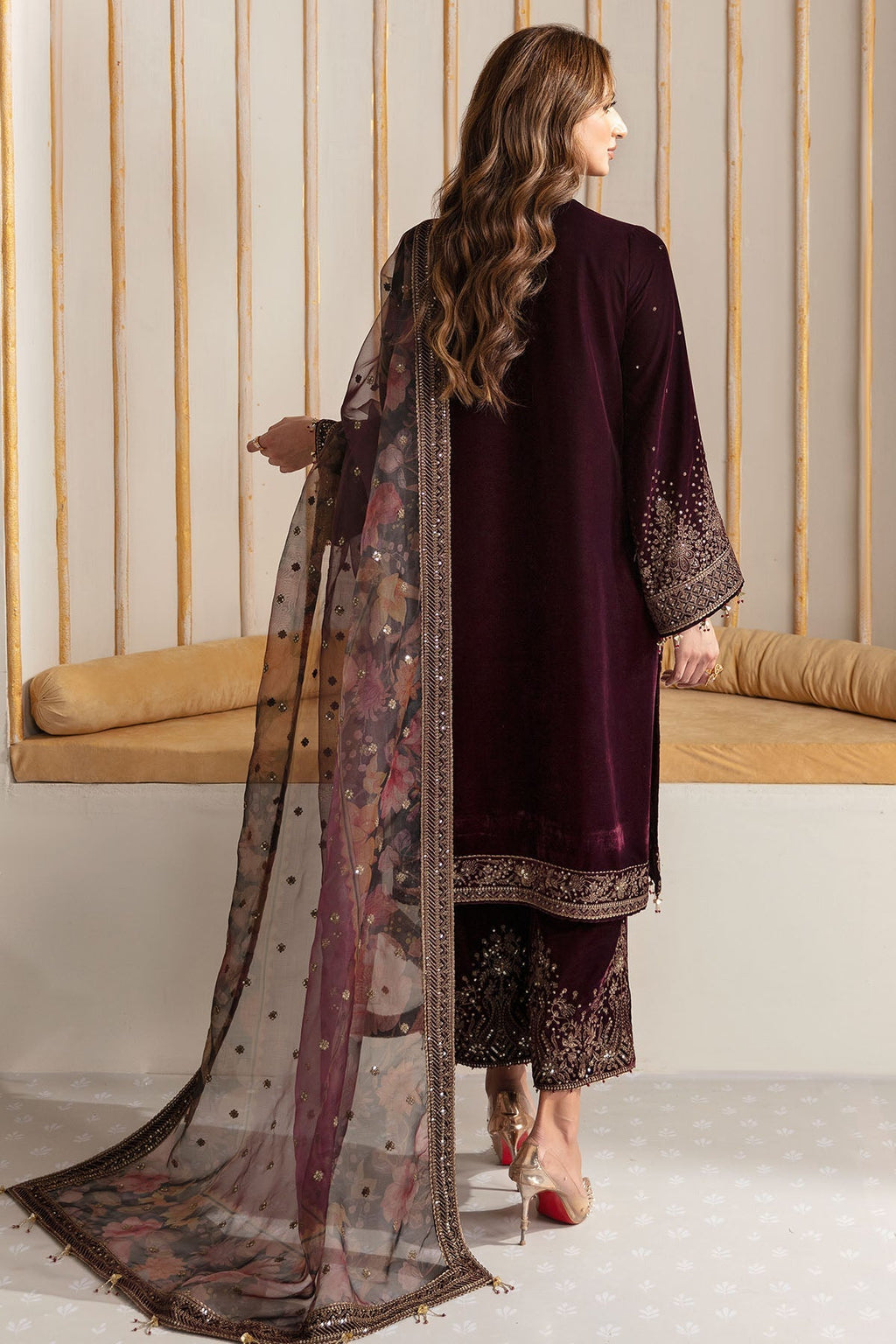Jazmin 3PC Embroidered Velvet Suit with Embroidered Organza Dupatta (WM-199)