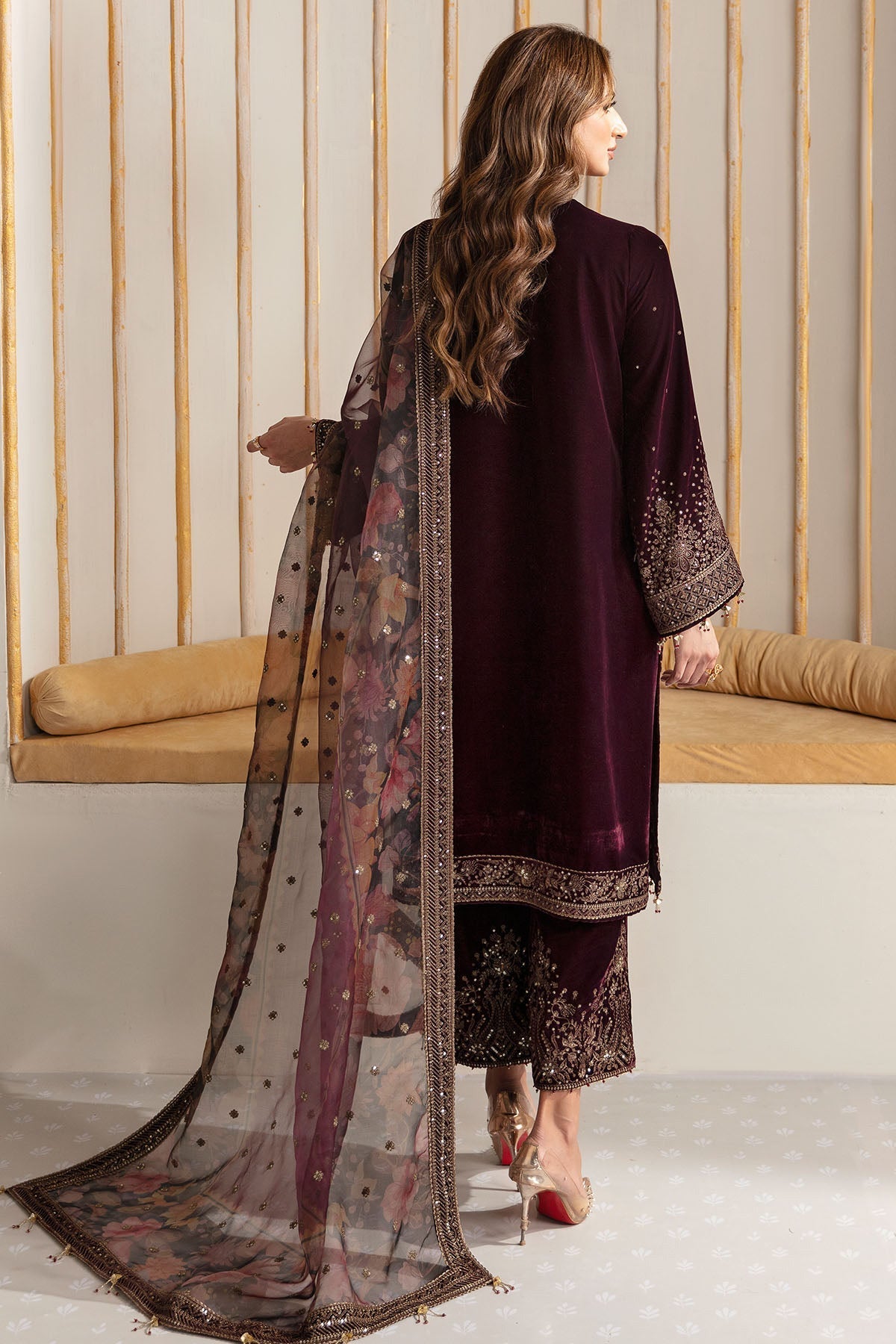 Jazmin 3PC Embroidered Velvet Suit with Embroidered Organza Dupatta (WM-199)
