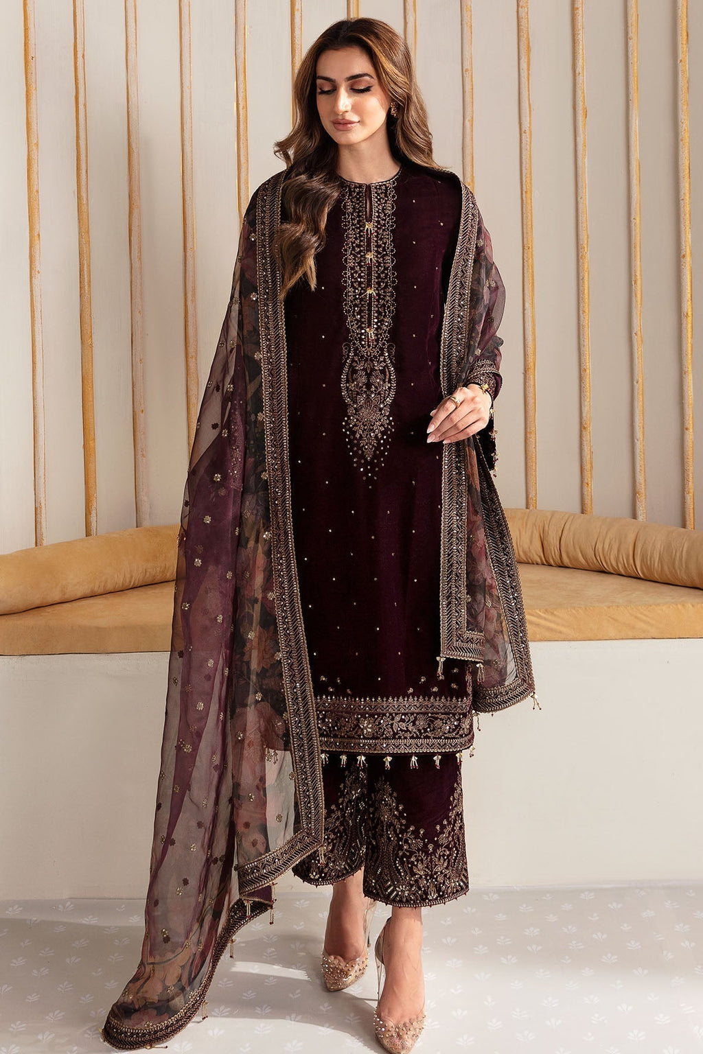 Jazmin 3PC Embroidered Velvet Suit with Embroidered Organza Dupatta (WM-199)