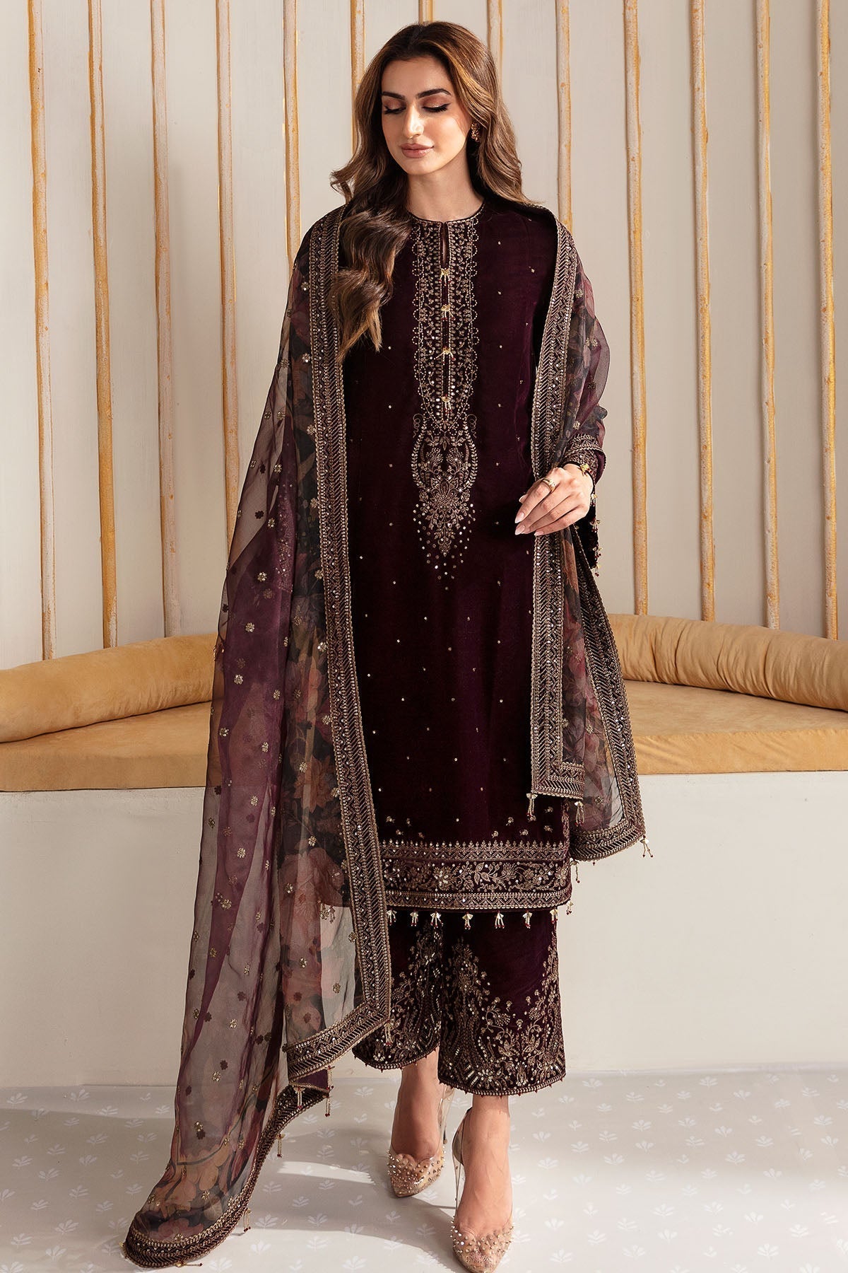Jazmin 3PC Embroidered Velvet Suit with Embroidered Organza Dupatta (WM-199)