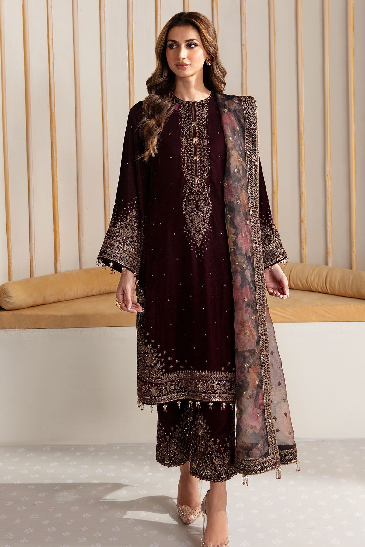 Jazmin 3PC Embroidered Velvet Suit with Embroidered Organza Dupatta (WM-199)