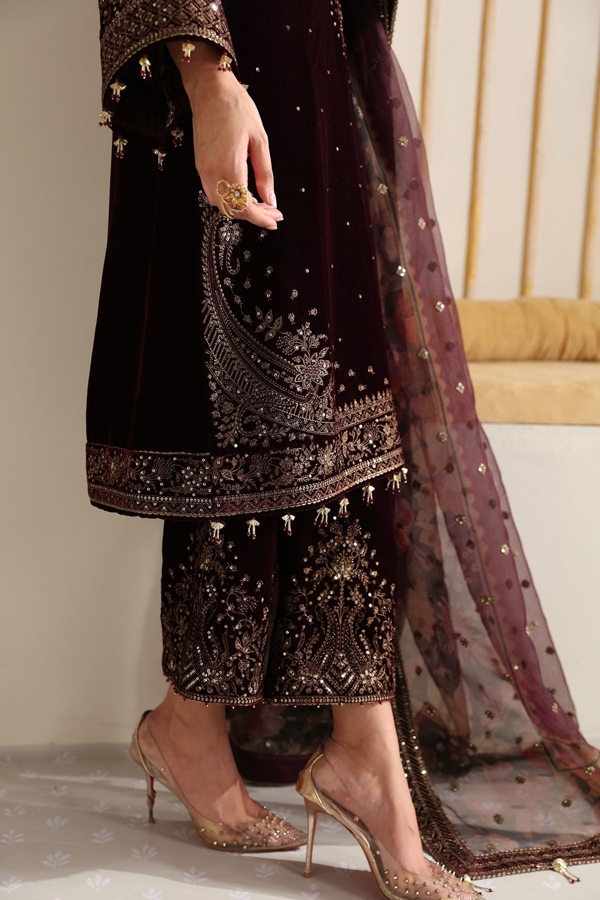 Jazmin 3PC Embroidered Velvet Suit with Embroidered Organza Dupatta (WM-199)