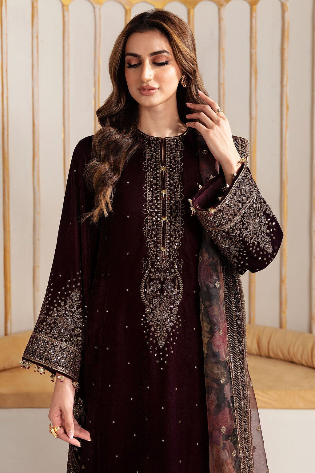 Jazmin 3PC Embroidered Velvet Suit with Embroidered Organza Dupatta (WM-199)