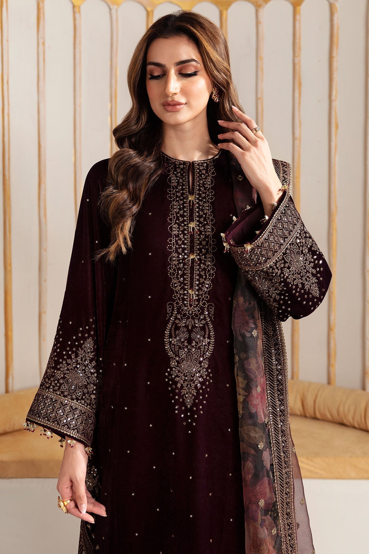 Jazmin 3PC Embroidered Velvet Suit with Embroidered Organza Dupatta (WM-199)