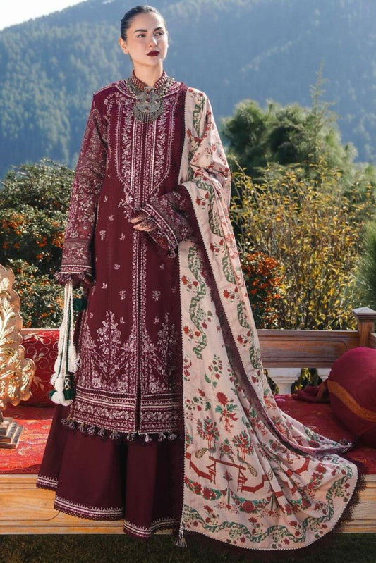 HUSSAIN REHAR UNSTITCHED DHANAK EMBROIDERED 3PC WITH PRINTED WOOL SHAWL
